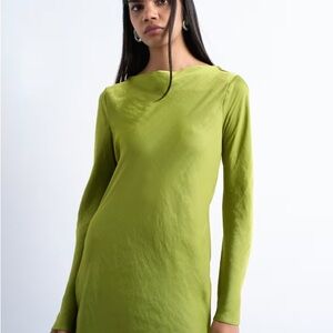 Topshop Cowl Back Long Sleeve Mini Satin in Lime Green